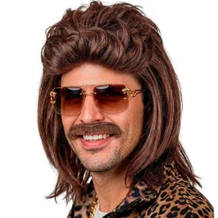 Peluca Marrón Mullet con Bigote