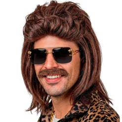 Peluca Marrón Mullet con Bigote